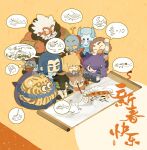  1girl 6+boys anger_vein animal_ear_fluff animal_ears arm_up beard black_hair blue_eyes blue_hair blue_skin brown_eyes brown_hair calligraphy_brush cat_ears chibi chinese_zodiac closed_eyes colored_skin facial_hair fengxi_(the_legend_of_luoxiaohei) hat highres horns hua_hu_(the_legend_of_luoxiaohei) indian_style jiulao_(the_legend_of_luoxiaohei) long_hair luo_xiaohei luo_xiaohei_(human) luo_xiaohei_zhanji luozhu_(the_legend_of_luoxiaohei) multiple_boys mustache official_art orange_background orange_hair paintbrush pointing purple_hair red_skin ruoshui_(the_legend_of_luoxiaohei) scroll simple_background sitting spiked_hair tianhu_(the_legend_of_luoxiaohei) tien_jie_(the_legend_of_luoxiaohei) tiger white_hair wuxian_(the_legend_of_luoxiaohei) xuhuai_(the_legend_of_luoxiaohei) year_of_the_dragon zhao_yue_(the_legend_of_luoxiaohei) 