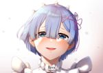  1girl :d artist_name bangs blue_eyes blue_hair character_name commentary english_commentary eyebrows_visible_through_hair gradient gradient_background hair_between_eyes hair_ornament hair_ribbon happy_tears highres looking_at_viewer open_mouth pink_ribbon portrait re:zero_kara_hajimeru_isekai_seikatsu rem_(re:zero) ribbon sasoura simple_background smile solo tears white_background x_hair_ornament 