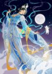  1girl absurdres black_hair blue_dress blue_eyes blue_sash chinese_clothes cloud dress duijin_ruqun earrings epiphyllum floral_print flower forehead_jewel full_body full_moon hagoromo hair_bun hair_flower hair_ornament hand_up hanfu highres jewelry layered_sleeves life_makeover looking_back mid-autumn_festival midair moon nail_polish necklace night orange_nails osmanthus parted_bangs parted_lips pearl_necklace rabbit red_lips rosa_(user_hrem8745) sash shawl sidelocks single_hair_bun sky solo star_(sky) starry_sky white_flower wide_sleeves yellow_flower yellow_shawl 