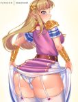  2020 a_link_to_the_past blonde_hair blue_eyes blush butt clothed clothing draltruist female hair humanoid humanoid_pointy_ears hylian legwear long_hair looking_back nintendo not_furry princess_zelda simple_background solo text the_legend_of_zelda thick_thighs underwear video_games white_background 