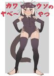  1girl absurdres animal_ears bare_shoulders barefoot blush brown_eyes elbow_gloves full_body giant_otter_(kemono_friends) gloves grey_gloves grey_one-piece_swimsuit grey_thighhighs hair_between_eyes hands_on_own_hips high_collar highres kemono_friends kumasyan1998 multicolored_hair one-piece_swimsuit otter_ears otter_girl otter_tail purple_hair short_hair sidelocks sleeveless smile solo swimsuit tail thighhighs toeless_legwear translation_request two-tone_one-piece_swimsuit white_hair white_one-piece_swimsuit 