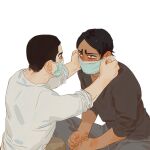  2boys black_hair blush brown_eyes chengongzi123 coronavirus_pandemic dark-skinned_male dark_skin english_commentary golden_kamuy hands_up highres koito_otonoshin looking_at_another male_focus mask mouth_mask multiple_boys pants shirt short_hair simple_background sitting surgical_mask tsukishima_hajime upper_body very_short_hair white_background yaoi 