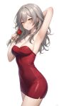  1girl absurdres alternate_costume arm_up armpits arms_behind_head blush breasts cleavage commentary covered_navel cowboy_shot dress english_commentary flower grey_hair highres holding holding_flower honkai:_star_rail honkai_(series) long_hair medium_breasts narijade red_dress red_flower red_rose rose simple_background solo stelle_(honkai:_star_rail) strapless strapless_dress trailblazer_(honkai:_star_rail) white_background yellow_eyes 