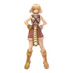  1girl 2000s_(style) armor backpack bag blonde_hair boots breastplate brown_footwear brown_gloves brown_shorts full_body gloves grey_eyes grin highres looking_at_viewer medium_bangs myung-jin_lee novice_(ragnarok_online) official_art one_eye_closed ragnarok_online short_hair shorts simple_background smile solo standing tachi-e transparent_background 