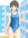 1girl absurdres black_hair blue_eyes blue_swimsuit blurry breasts commentary_request competition_swimsuit contrapposto cowboy_shot depth_of_field grin highres locker locker_room looking_at_viewer one-piece_swimsuit original short_hair small_breasts smile solo speedo_(company) standing swimsuit takafumi v 