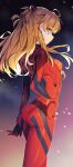  1girl absurdres ahoge ass blue_eyes bodysuit bongnom breasts covered_nipples cowboy_shot highres interface_headset long_hair looking_at_viewer neon_genesis_evangelion orange_hair plugsuit red_bodysuit skin_tight small_breasts solo souryuu_asuka_langley two_side_up 