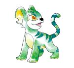  animal_focus commentary english_commentary erkshnrt fangs green_fur kougra looking_to_the_side neopets no_humans open_mouth orange_eyes parody pokemon simple_background smile solo standing striped_fur style_parody sugimori_ken_(style) tiger white_background 
