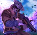 absurd_res anthro clothed clothing cloud digital_media_(artwork) ear_piercing electricity epic_games facial_piercing forest forest_background fortnite fur galletoart gun hi_res holding_object holding_weapon lightning male mammal nature nature_background nose_piercing outside piercing plant procyonid raccoon ranged_weapon rufus_(fortnite) shotgun smile solo storm tail tree weapon