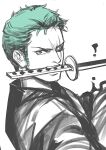  1boy green_hair japanese_clothes katana kdash kimono looking_at_viewer male_focus mouth_hold one_eye_closed one_piece roronoa_zoro scar scar_across_eye short_hair simple_background sketch solo sword weapon weapon_in_mouth white_background 