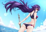  1girl adsouto antique_firearm ass breasts chevreuse_(genshin_impact) covered_nipples firelock flintlock genshin_impact gun hand_on_own_hip highres holding holding_gun holding_weapon long_hair looking_at_viewer looking_back medium_breasts musket ocean purple_eyes purple_hair signature solo standing swimsuit very_long_hair weapon wind wind_lift 
