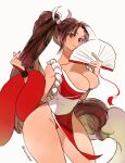  1girl breasts brown_eyes brown_hair cleavage collarbone fatal_fury hand_fan high_ponytail holding holding_fan red_nails revealing_clothes shiranui_mai simple_background smile solo sumustard the_king_of_fighters thighs white_background 