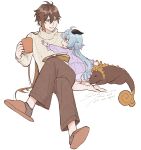 1boy 1girl aged_down ahoge alternate_costume antenna_hair arm_up artist_name back barefoot blue_eyes blue_hair book brown_footwear brown_hair brown_pants brown_socks child crossed_legs cup dragon dragon_horns dragon_tail dress eyeshadow ganyu_(genshin_impact) genshin_impact goat_horns gradient_hair hair_between_eyes hand_up highres holding holding_cup horns long_hair long_sleeves looking_at_another looking_to_the_side makeup multicolored_eyes multicolored_hair open_book open_mouth orange_eyes pants pink_shorts ponytail puffy_long_sleeves puffy_sleeves purple_dress purple_eyes red_eyeshadow rex_lapis_(genshin_impact) sakanomachico seiza shorts simple_background sitting slippers smile socks sweater tail turtleneck turtleneck_sweater white_background white_sweater zhongli_(genshin_impact) 