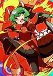  1girl absurdres black_pants blush breath_weapon breathing_fire clenched_hands draco_centauros dragon_girl dragon_tail dress fang fire green_hair highres horns nadesukos open_mouth pants pointy_ears puyopuyo red_dress short_hair signature tail wings yellow_eyes 