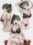  1girl :d armpits arms_up bare_back bare_shoulders black_bra black_choker black_panties bra choker commentary cropped_torso crossed_legs green_hair grey_background highres long_hair looking_at_viewer multiple_views navel open_mouth panties ponytail purple_eyes simple_background sitting smile sousou_no_frieren stomach thigh_strap thighs tommy_(kingdukeee) ubel_(sousou_no_frieren) underwear underwear_only 