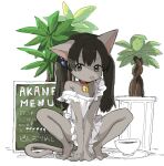  1girl 3yo4yo5yo akane_(3yo4yo5yo) animal_ears bell black_hair cat_ears cat_girl cat_tail collar furry green_eyes hair_between_eyes hair_bobbles hair_ornament highres jingle_bell neck_bell original plant potted_plant simple_background squatting tail tongue tongue_out twintails white_background 