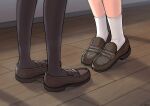  2girls artist_name betock black_pantyhose brown_footwear commentary_request feet floor foot_focus highres implied_kiss indoors kiss loafers multiple_girls original pantyhose school_uniform shadow shoes socks tiptoes white_socks yuri 