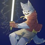  1:1 2020 anthro bottomwear canid canine clothed clothing hi_res hoodie humanoid_hands kemono male mammal melee_weapon scar shorts slanwanco solo sword topwear weapon 