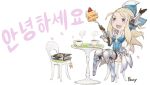 1girl :d arm_guards arm_up armor armored_boots blonde_hair blue_eyes book boots bow bravely_default_(series) bravely_second:_end_layer cake chair coffee cup dress eating edea_lee faulds food fork fruit greaves hair_bow hair_ornament highres ikusy korean_text long_hair mug official_art open_mouth petals round_table short_dress sidelocks sitting smile square_enix strawberry table 
