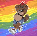 absurd_res anthro belly bottomwear clothing collar ear_piercing flirting footwear harness hi_res katxfish lgbt_pride looking_at_viewer male mammal navel nipples overweight pecs piercing pride_color_clothing pride_color_flag pride_colors procyonid raccoon shoes shorts sneakers socks solo spiked_collar spikes tail thick_thighs walking