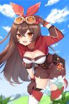  1girl amber_(genshin_impact) blue_sky breasts brown_eyes brown_gloves brown_hair brown_shorts cleavage cloud cloudy_sky genshin_impact gloves goggles goggles_on_head grass hair_between_eyes hair_ribbon holding holding_goggles jacket leaning_forward long_hair long_sleeves looking_at_viewer medium_breasts megota on_grass open_mouth outdoors pouch red_gloves red_jacket red_ribbon ribbon short_shorts shorts sky smile solo thighhighs twitter_username 