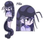  1girl absurdres animal bags_under_eyes black_eyes black_hair commentary ear_piercing earrings evilfrap highres jewelry long_hair millipede miniskirt original outline oversized_animal piercing polo_shirt purple_shirt shirt side_slit skirt solo 