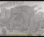 anthro building dialogue dragon greyscale group human macro male mammal market market_stall monochrome mythological_creature mythological_scalie mythology scalie sixsydes size_difference