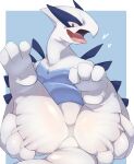 absurd_res bodily_fluids butt featureless_crotch feral generation_2_pokemon hi_res legendary_pokemon lugia lying male mame02550912 nintendo on_back pokemon pokemon_(species) presenting presenting_hindquarters saliva smile solo spread_butt spreading tongue tongue_out white_body
