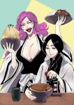  2girls anno_im black_hair black_kimono bleach bottle bowl breasts chopsticks cleavage cup curry food food_request green_background haori highres hikifune_kirio holding holding_bottle holding_bowl japanese_clothes kimono large_breasts lipstick long_hair makeup multiple_girls one_eye_closed open_mouth purple_eyes purple_hair soy_sauce_bottle table taichou_haori teeth two-tone_background unohana_retsu upper_teeth_only white_haori wooden_table yellow_background 