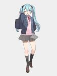  1girl :o bag black_socks blazer blue_eyes blue_hair blue_jacket blush brown_footwear carrying_over_shoulder collared_shirt grey_skirt hair_between_eyes hatsune_miku highres jacket kneehighs legs_apart loafers long_hair long_sleeves looking_at_viewer miniskirt necktie nitsuki_09 one_eye_closed open_clothes open_jacket open_mouth pink_sweater pleated_skirt red_necktie school_bag school_uniform shirt shoes sidelocks simple_background skirt socks solo sweater twintails v-neck vocaloid white_background white_shirt 