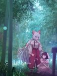  2girls animal_ears bamboo bamboo_forest black_hair bow breasts carrot_necklace collared_shirt day dress floppy_ears footwear_bow forest frilled_dress frills fujiwara_no_mokou grey_hair hair_bow highres inaba_tewi jewelry kakera_(comona_base) long_hair long_sleeves looking_at_another looking_back medium_hair multiple_girls nature necklace outdoors own_hands_together pants parted_lips pink_dress rabbit_ears rabbit_girl rabbit_tail red_eyes red_footwear red_pants shirt shoes short_sleeves sleeve_garter small_breasts squatting standing suspenders tail touhou very_long_hair white_bow white_shirt wide_shot 