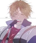  1boy blonde_hair ear_piercing given highres jacket kashima_hiiragi_(given) looking_at_viewer male_focus microphone microphone_stand multicolored_hair multiple_piercings oishii_dk open_mouth piercing portrait red_shirt shirt solo streaked_hair teeth tongue white_background yellow_eyes 