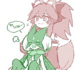  1boy 1girl :3 animal_ear_fluff animal_ears animal_nose bare_shoulders bell blush body_fur bow breasts closed_eyes collar detached_sleeves embarrassed english_text fang fate/grand_order fate_(series) fox_ears fox_girl fox_tail furry green_fur green_hair hair_between_eyes hair_bow hair_ribbon highres japanese_clothes jingle_bell keita_naruzawa kimono large_breasts leaf long_hair meowscarada neck_bell open_mouth pink_hair pokemon pokemon_(creature) pokemon_sv ponytail red_kimono red_ribbon ribbon short_hair simple_background smile speech_bubble sweatdrop tail tamamo_(fate) tamamo_cat_(fate) tamamo_cat_(first_ascension)_(fate) two-tone_fur white_background 