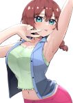  1girl :p arched_back arm_behind_head arm_up armpits blue_eyes blue_vest blush braid breasts brown_hair camisole cleavage commentary_request contrapposto cowboy_shot crop_top crop_top_overhang emma_verde green_camisole hair_between_eyes highres kooei large_breasts long_hair looking_at_viewer love_live! love_live!_nijigasaki_high_school_idol_club low_twintails midriff_peek navel pants pink_pants simple_background solo sweat sweaty_armpits tongue tongue_out twin_braids twintails vest w white_background 