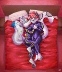 absurd_res anthro bed bedroom big_tails canid canine canis clothing crossed_legs felid furniture happy hi_res hug katxfish latex latex_clothing love male mammal pantherine partners pawpads paws reflection snow_leopard solo tight_clothing wolf