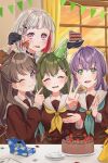  4girls alternate_hairstyle birthday_cake black_choker black_gloves blush brown_dress brown_hair cake choker closed_eyes closed_mouth colored_inner_hair commentary_request dress facing_viewer food food_on_face fork fruit fujishima_megumi gloves green_eyes green_hair green_headwear green_neckerchief grey_hair hair_ornament half_gloves happy_birthday hasu_no_sora_school_uniform hat highres holding holding_fork holding_plate indoors kyaku_tatsu link!_like!_love_live! long_hair long_sleeves looking_at_viewer love_live! multicolored_hair multiple_girls neckerchief one_eye_closed oogami_sachi otomune_kozue party_hat pennant pink_eyes plate pointing pointing_at_another ponytail purple_eyes purple_hair red_hair sailor_collar school_uniform short_hair sidelocks star_(symbol) star_hair_ornament strawberry upper_body v white_sailor_collar yellow_neckerchief yugiri_tsuzuri 