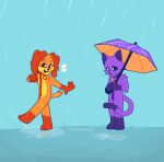 absurd_res anthro canid canine canis catnap_(poppy_playtime) collar dogday_(poppy_playtime) domestic_cat domestic_dog duo felid feline felis hi_res holding_object holding_umbrella jaywuzhere male mammal poppy_playtime raining smiling_critters umbrella