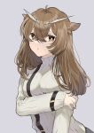  1girl arknights arm_across_chest arm_grab arm_under_breasts breasts brown_hair commentary_request grey_background hair_between_eyes highres long_hair long_sleeves looking_at_viewer medium_breasts miyachi_(tanya_visha) orange_eyes ribbed_sweater silence_(arknights) simple_background sleeves_past_wrists solo sweater turtleneck turtleneck_sweater upper_body white_sweater 