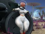 alien armor big_breasts big_butt bodysuit breasts butt camel_toe chadotexas clothing curvy_figure detailed_background digitigrade female headgear helmet hi_res nipple_outline not_furry orange_body orange_skin outside planet skinsuit solo thick_thighs tight_clothing vehicle voluptuous wide_hips