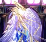 1girl angel_wings dress fierte halo indoors long_hair profile silver_eyes solo standing sukumo_(kemutai) very_long_hair white_dress white_wings wings z/x 