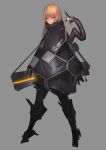  1girl bangs black_cloak brown_hair cloak commentary_request eyebrows_visible_through_hair fixro2n full_body glowing glowing_eyes grey_background highres long_hair looking_at_viewer orange_eyes original simple_background solo standing tail 