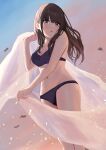  1girl :o absurdres bare_legs bikini black_bikini black_hair blush breasts cleavage feet_out_of_frame highres idolmaster idolmaster_shiny_colors kazano_hiori looking_at_viewer medium_breasts mole mole_under_mouth navel outdoors purple_eyes simple_bird solo stomach swimsuit ushimo_(dztu8434) 