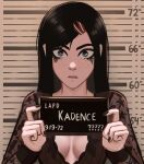  1girl barbie_mugshot_(meme) black_hair black_nails blue_eyes breasts character_name cleavage floral_print_shirt freckles hair_ornament hairclip height_chart height_mark highres holding holding_sign kadence_(veyonis) lace_shirt lace_trim long_hair looking_at_viewer makeup mascara medium_breasts meme mugshot nameplate nervous original plunging_neckline runny_makeup see-through sign straight_hair surprised upper_body veyonis wide-eyed 