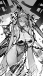  1girl abs armpits arms_up bikini black_bikini breasts chain dark-skinned_female dark_skin elbow_gloves fate/grand_order fate_(series) gloves greyscale highres jewelry large_breasts looking_at_viewer monochrome navel neck_ring nishiide_kengorou official_art swimsuit thighs toned zenobia_(fate) 
