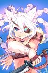  2016 2:3 ahoge alternate_species animal_humanoid blue_background blue_eyes braided_hair claw_(weapon) clothed clothing crossgender eye_patch eyewear felid felid_humanoid female hair hi_res holding_object holding_weapon humanoid knife league_of_legends long_hair looking_at_viewer mammal mammal_humanoid rengar_(lol) riot_games scar simple_background smile solo video_games weapon white_hair wwwazxc 