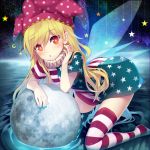  1girl :o alternate_legwear american_flag_dress american_flag_legwear arm_rest arm_support asymmetrical_clothes bangs blonde_hair blue_nails blush clownpiece crescent_moon dress eyebrows_visible_through_hair fairy_wings fingernails full_moon hair_between_eyes hat head_tilt jester_cap kneeling leaning_forward long_hair looking_at_viewer minamura_haruki moon nail_polish neck_ruff no_shoes parted_lips polka_dot_hat red_eyes red_nails ripples short_dress solo star star_print striped striped_dress striped_legwear thighhighs touhou water wings zettai_ryouiki 