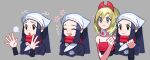  2girls akari_(pokemon) black_eyes black_hair blonde_hair blue_eyes clenched_hand closed_eyes closed_mouth galaxy_expedition_team_survey_corps_uniform grey_background head_scarf highres irida_(pokemon) jewelry kaneni multiple_girls multiple_views neck_ring notice_lines open_mouth pokemon pokemon_legends:_arceus red_scarf scarf simple_background sparkle upper_body 