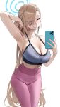  absurdres armpits asuna_(blue_archive) asymmetrical_bangs blonde_hair blue_archive blue_eyes breasts cellphone cellphone_photo exercise halo highres holding holding_phone large_breasts logknn long_hair phone presenting_armpit smile sportswear standing sweat sweaty_clothes 