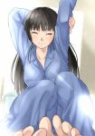  1girl amagami arms_up ayatsuji_tsukasa black_hair blue_pajamas breasts closed_mouth collarbone highres jishaku_(user_rcuz2843) large_breasts long_hair pajamas solo straight_hair stretching toes waking_up 