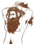  1boy armpit_hair back_hair bara beard brown_hair brown_theme cowboy_shot dungeon_meshi dwarf facial_hair hairy highres long_beard looking_at_viewer loose_hair_strand male_focus male_pubic_hair mature_male monochrome navel_hair nipples no_headwear nude pectorals pubic_hair rainydaysketch senshi_(dungeon_meshi) solo sparse_chest_hair standing thick_arm_hair thick_mustache thick_navel_hair toned toned_male tying_hair upper_body very_long_beard 