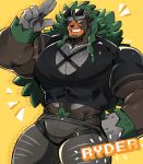  1boy abs absurdres artist_name bara beard bulge chest_hair crop_top facial_hair feet_out_of_frame graysheartart green_hair hand_on_own_hip highres large_pectorals leather leather_belt long_hair looking_at_viewer male_focus manly mature_male muscular muscular_male one_eye_closed orange_eyes pants pectorals pokemon pokemon_swsh rillaboom signature simple_background smirk solo stubble sunglasses tank_top teeth thick_arms thick_thighs thighs tight_clothes yellow_background 